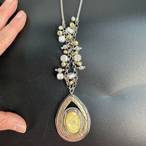 Chico's Statement Necklace Gold  Silver Tone Teardrop Cluster Adjustable Length